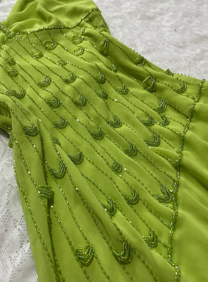 Cute Green A Line Spaghetti Strap Beaded Chiffon Open Back Prom Dress Graduation Prom Dress DP2258
