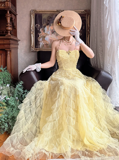 Vintage Yellow A Line Sweetheart Neck Lace Prom Dress Evening Dress DP8248