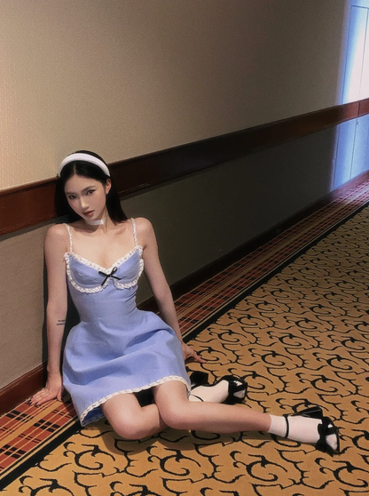Baby Blue A Line Spaghetti Straps Lace Satin Short Homecoming Dress Cocktail Dress DP2879