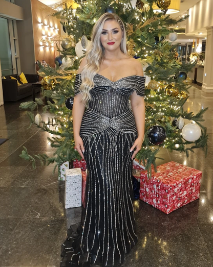 Luxurious Mermaid Off the Shoulder Beaded Black Tulle Long Prom Dress Evening Dress DP6340