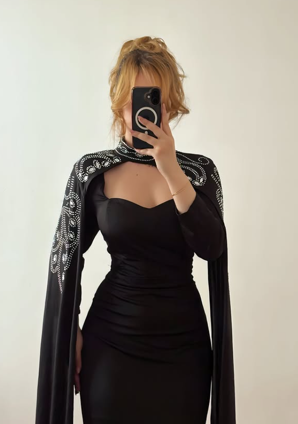 Elegant Black A Line Long Sleeve Beaded Satin Prom Dress Evening Dress DP6423