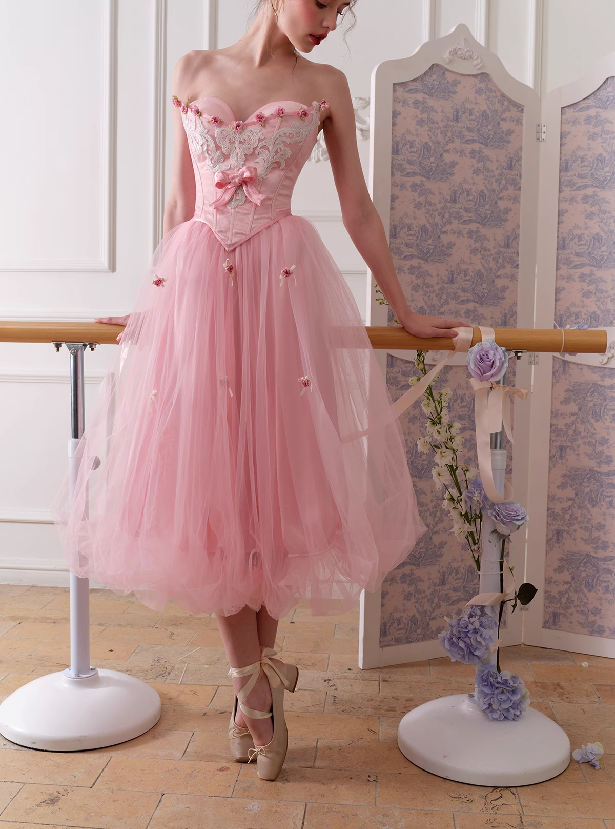 Cute A Line Sweetheart Neck Corset Bow Pink Tulle Satin Party Dress Birthday Dress DP2744