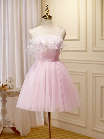 Cute Pink Tulle Feathers Homecoming Dress Straps Short Prom Dress DP559