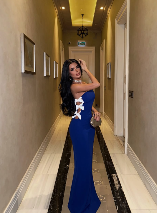 Cute Bow Kont Sheath Strapless Dark Blue Satin Long Prom Dress Party Dress DP8223