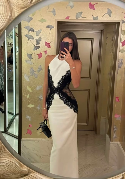 Elegant Sheath Black Lace White Satin Long Prom Dress Party Dress DP5814