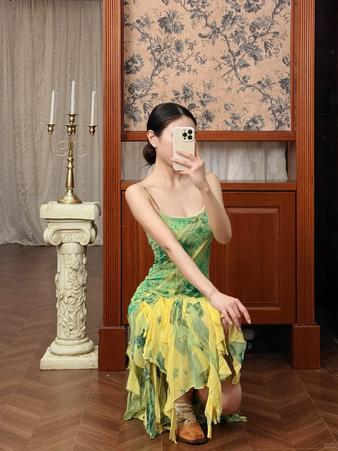 Vintage Summer Yellow- Green Ombre Beaded Ruffle Chiffon Prom Dress Evening Dress DP5414