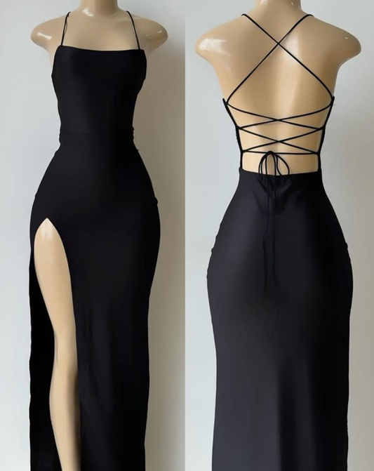 Sexy Sheath Spaghetti Strap Black Satin Prom Dress Evening Dress with Slit DP3884
