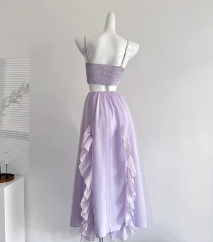 Purple A Line Halter Ruffle Tulle Vacation Dress Homecoming Dress Outfits DP3548