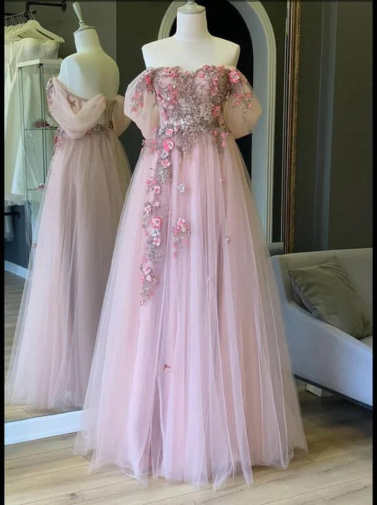 Pink Off The Shoulder Tulle Applique Long Prom Dress Fairy Evening Dress DP098