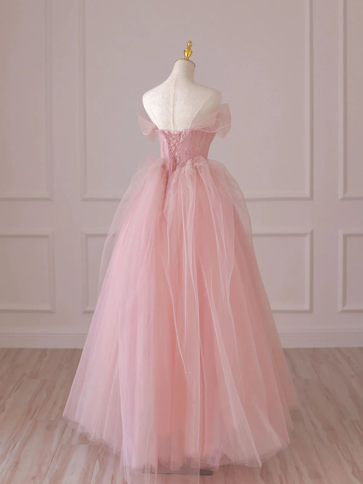 Fairy Pink Tulle Lace Long Prom Dress Off the Shoulder Evening Dress DP309