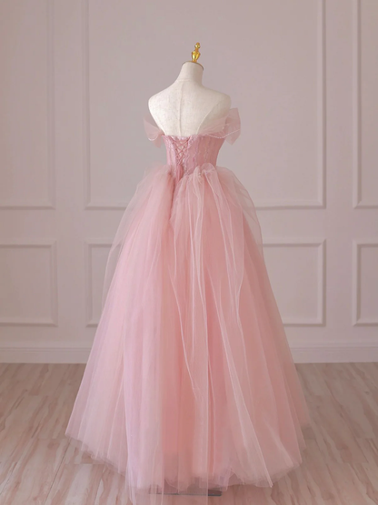 Fairy Pink Tulle Lace Long Prom Dress Off the Shoulder Evening Dress DP309