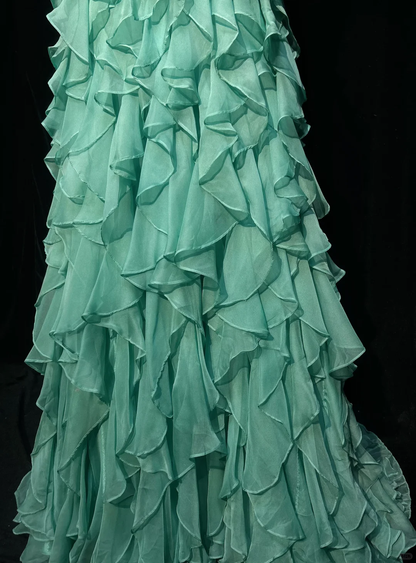 Retro A Line Halter Beaded Ruffle Blue Chiffon Prom Dress Party Dress DP2773