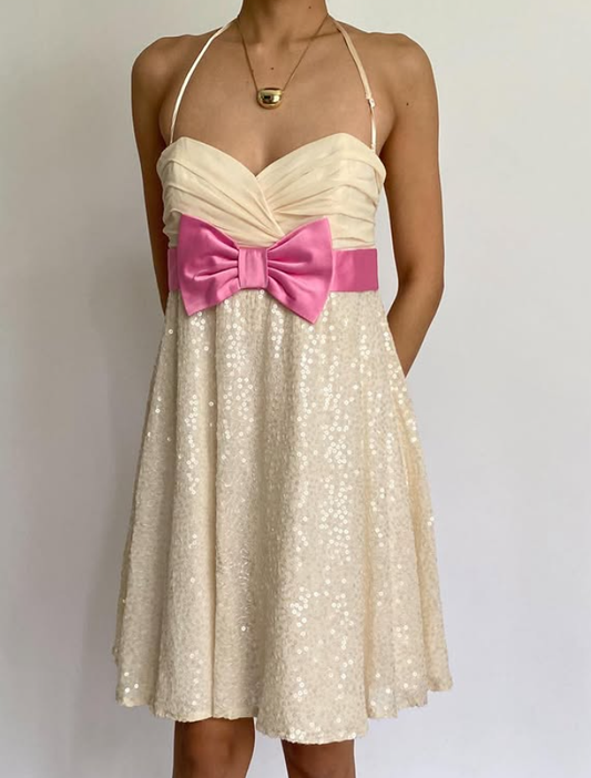Vintage Apricot A Line Halter Sequin Short Prom Dress Homecoming Dress with Bow DP3690