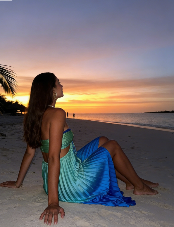 Blue Green Ombre A Line Strapless Pleated Satin Long Prom Dress Vacation Dress DP3940