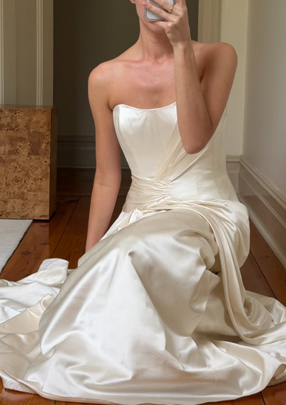Vintage A Line One Shoulder Ivory Satin Long Wedding Dress DP7695