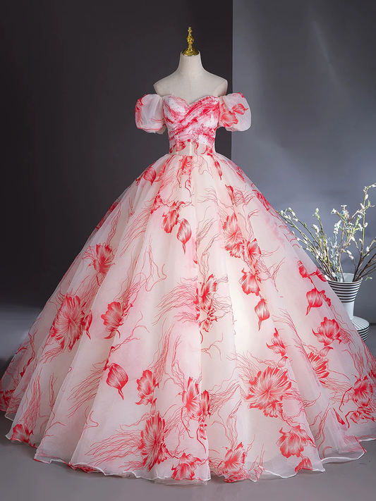 Beautiful Printing Chiffon Prom Dress Off the Shoulder Ball Gown Party Dress DP311