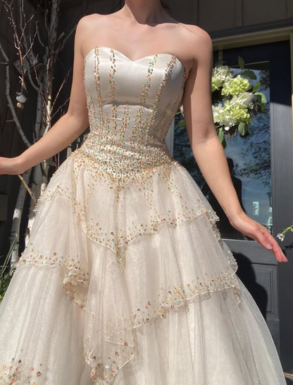 Vintage Glamorous A Line Sweetheart Neck Beaded Layered Tulle Wedding Dress Prom Dress DP5532