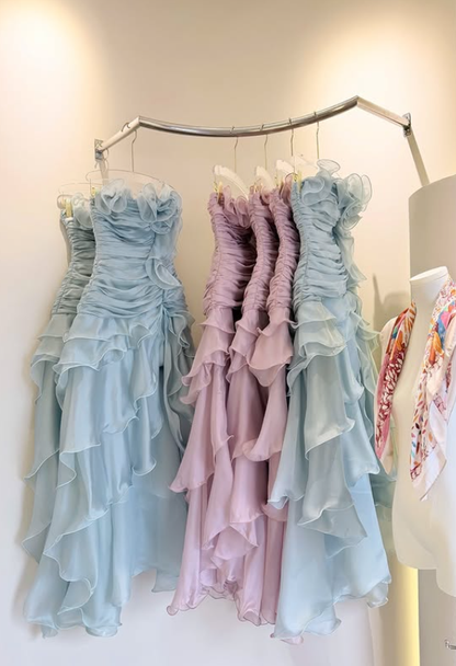 Stunning A Line Strapless Ruffle Blue Chiffon Prom Dress Evening Dress with Slit DP5915