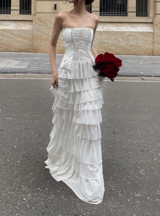 Elegant A Line Strapless Layered White Chiffon Long Prom Dress Evening Dress DP4016