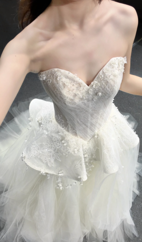 Fairy Ball Gown Strapless White Appliques Tulle Long Wedding Dress DP7867