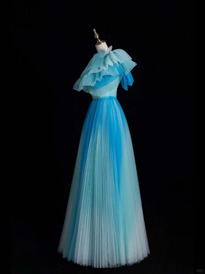 Unique A Line One Shoulder Blue Ombre Tulle Long Prom Dress Evening Dress DP2127