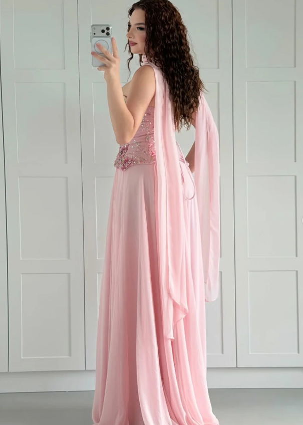 Pink A Line Strapless Exquisite Embroidery Chiffon Long Prom Dress Evening Dress DP6925