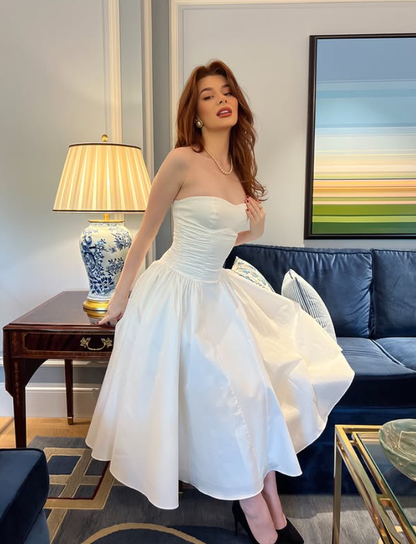 Cute White A Line Sweetheart Neck Satin Prom Dress Date Dress DP4288