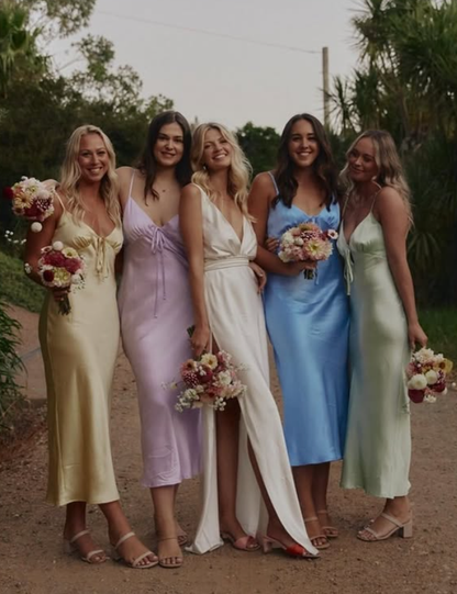 Simple A Line V Neck White Satin Backless Slit Wedding Dress DP5309