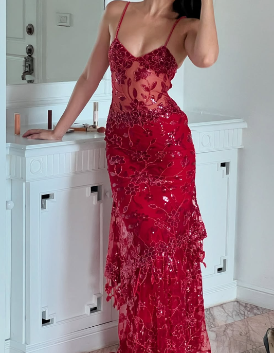 Stunning Sheath Spaghetti Strap Sequin Red Tulle Prom Dress Evening Dress DP1806