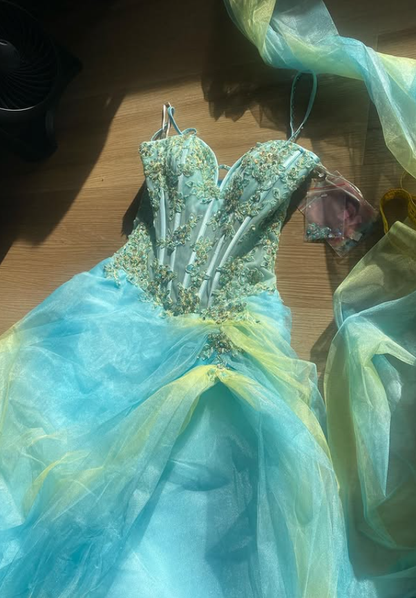 Vintage Summer Green Blue Ombre Appliques Tulle Prom Dress Evening Dress DP5643