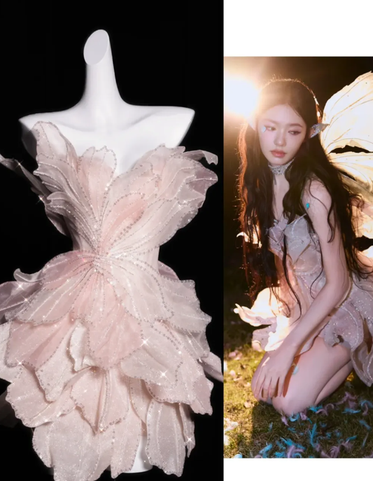 Pink Flower A Line Strapless Tiered Beaded Tulle Prom Dress Graduation Prom Dress DP1978