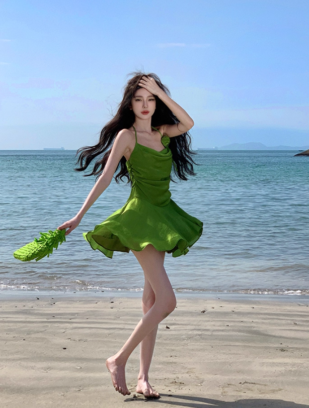 Green A Line Spaghetti Strap Floral Satin Homecoming Dress Birthday Dress Outfits DP3404