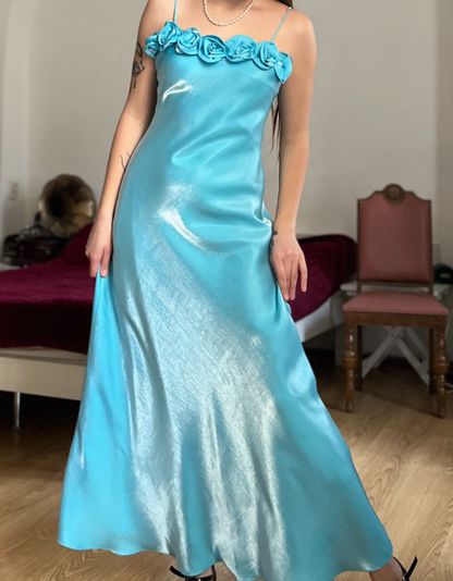 Dazzling Blue A Line Straps Floral Satin Prom Dress Evening Dress Date Dress DP5710