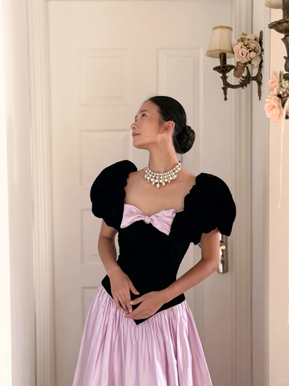 Retro Princess A Line Puff Sleeve Pink Satin Black Velvet Long Prom Dress Evening Dress DP6800