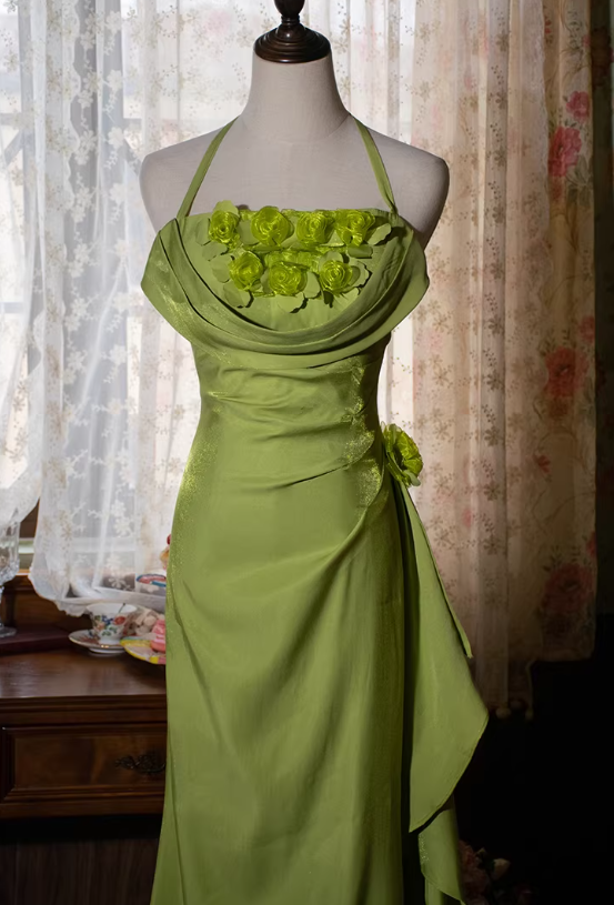 Pretty Green Mermaid Halter Floral Satin Long Prom Dress Outfits DP4698