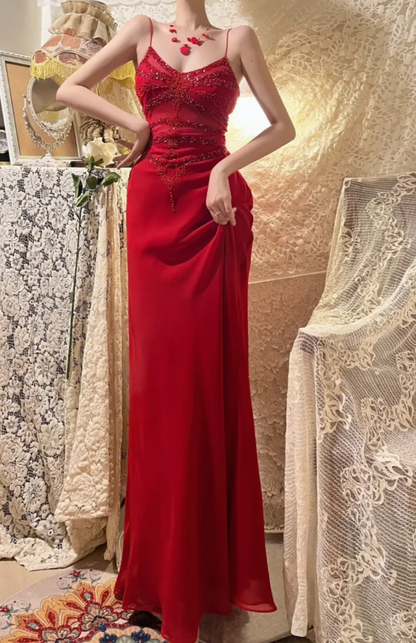 Charming A Line Spaghetti Strap Beaded Red Chiffon Long Prom Dress Wedding Guest Dress DP4277