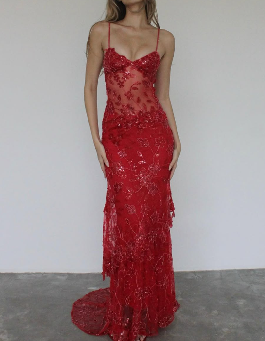 Charming Sheath Spaghetti Straps Beaded Sequined Tulle Long Prom Dress Evening Dress DP1528