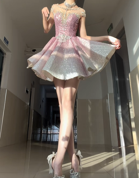 Cute Pink Ombre A Line Beaded Sequin Short Prom Dress Homecoming Dress DP4558