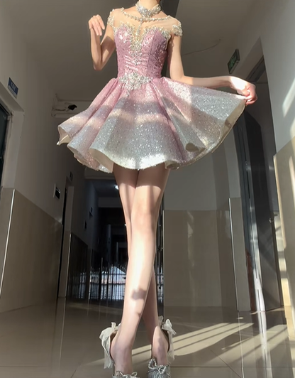 Cute Pink Ombre A Line Beaded Sequin Short Prom Dress Homecoming Dress DP4558