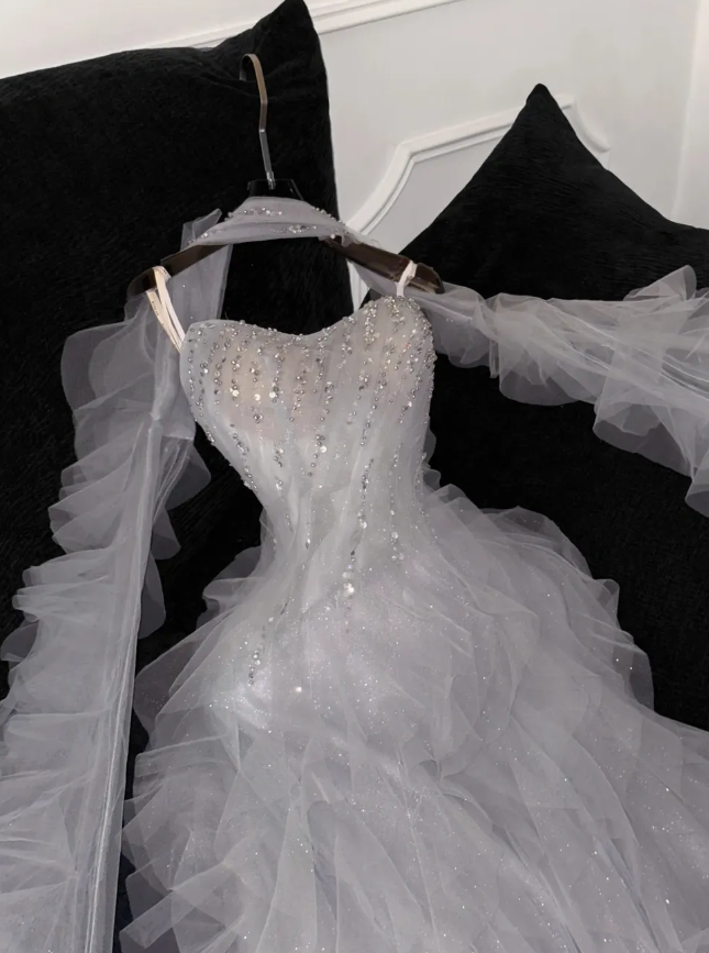 Grey A Line Strapless Beaded Ruffle Tulle Party Dress Evening Dress DP2868