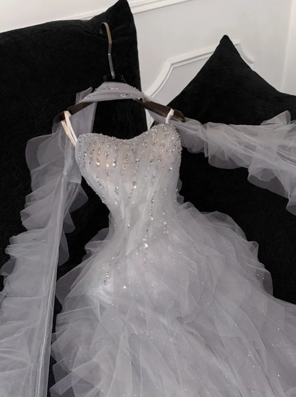 Grey A Line Strapless Beaded Ruffle Tulle Party Dress Evening Dress DP2868