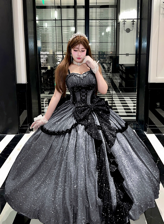 Stunning Black Bow A Line Sequin Lolita Goth Boning Dress Prom Dress DP4506