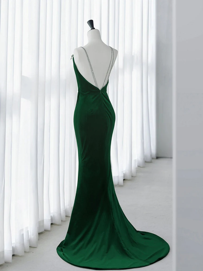 Vintage Green Velvet Backless Long Mermaid Prom Dress Evening Dress DP042