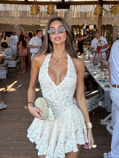 Sweety A Line Halter Ivory Lace Backless Short Prom Dress Homecoming Dress DP7827