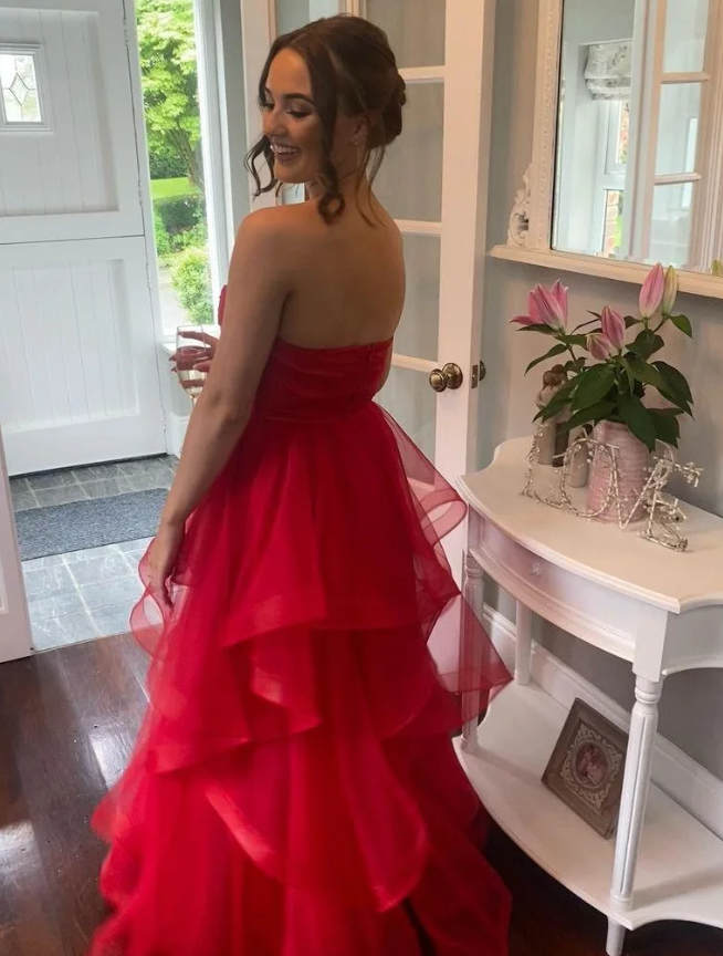 Charming Red A Line Sweetheart Neck Layered Organza Prom Dress Evening Dress DP6359