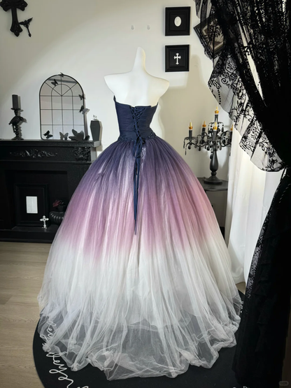 Purple Ombre A Line Sweetheart Neck Beaded Tulle Prom Dress Evening Dress DP6978