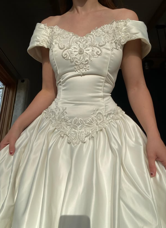 Beautiful A Line Off the Shoulder Ivory Beaded Satin Wedding Dress Prom Dress DP5539