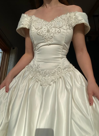 Beautiful A Line Off the Shoulder Ivory Beaded Satin Wedding Dress Prom Dress DP5539