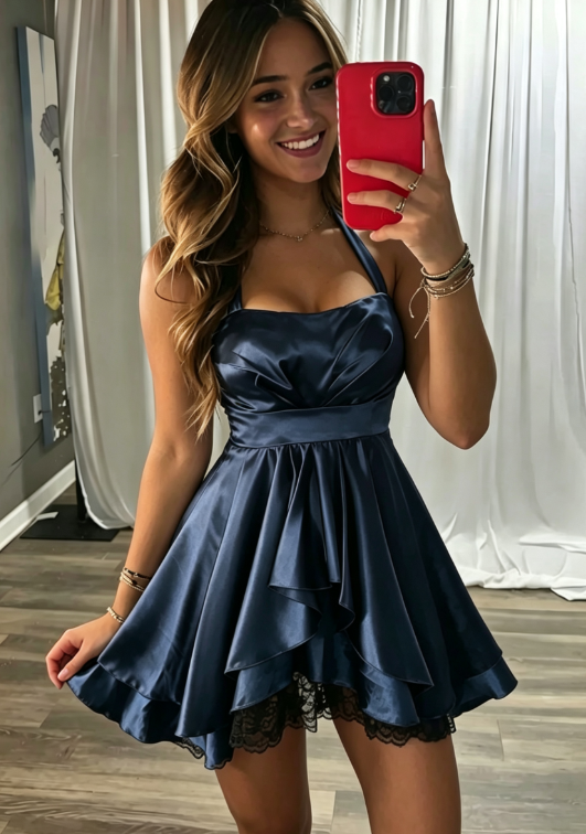 Vintage A Line Halter Navy Blue Satin Short Homecoming Dress Party Dress DP4989