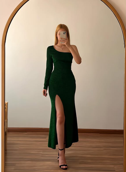 Emerlad Mermaid One Sleeve Velvet Slit Prom Dress Evening Dress DP6492